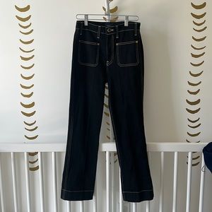 KHAITE RAQUEL BLACK WHITE STITCH PATCH POCKET FLARE CROP JEAN 25